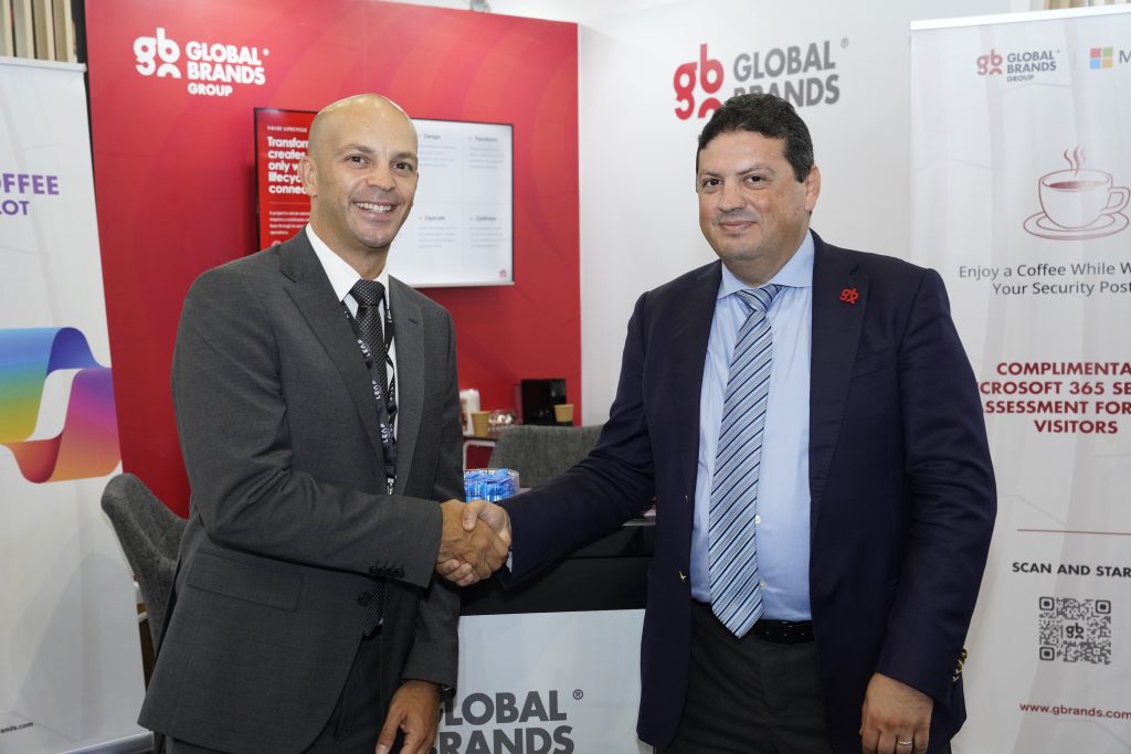Hussein El-Sayed, GM – MEA at Global Brands Group, with Ahmed Seleem and Mohamed Nady from Nexthink at the GBG booth during LEAP 2026.